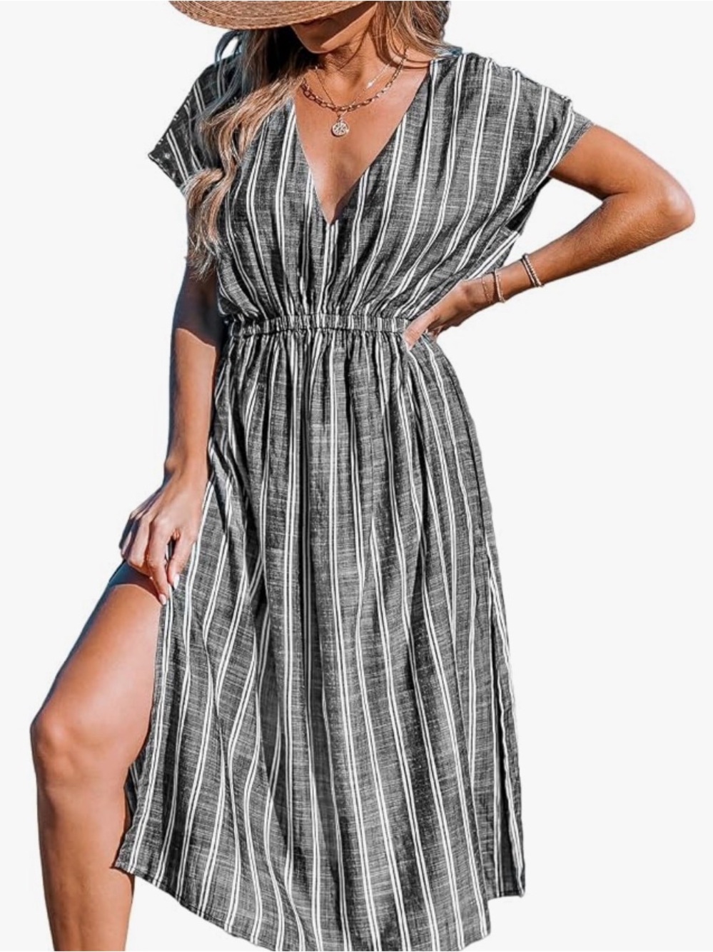 Black & White Striped V-Neck Elastic-Waist swim Cover up dress